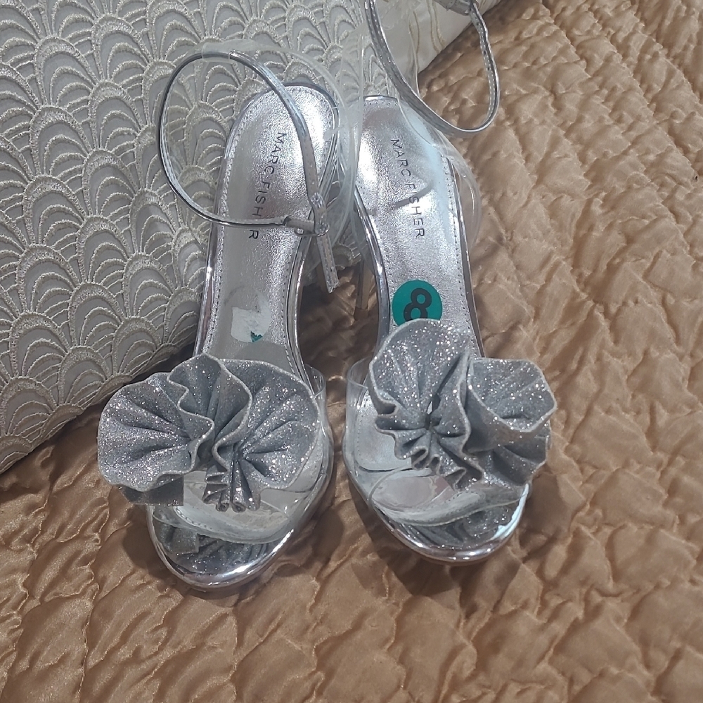Silver Women's Heels with Floral Detail